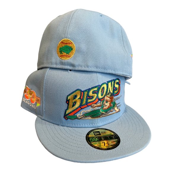 New Era Buffalo Bisons Sliding Buster 59FIFTY Fitted Hat Cap Sky Blue MiLB - Picture 2 of 7